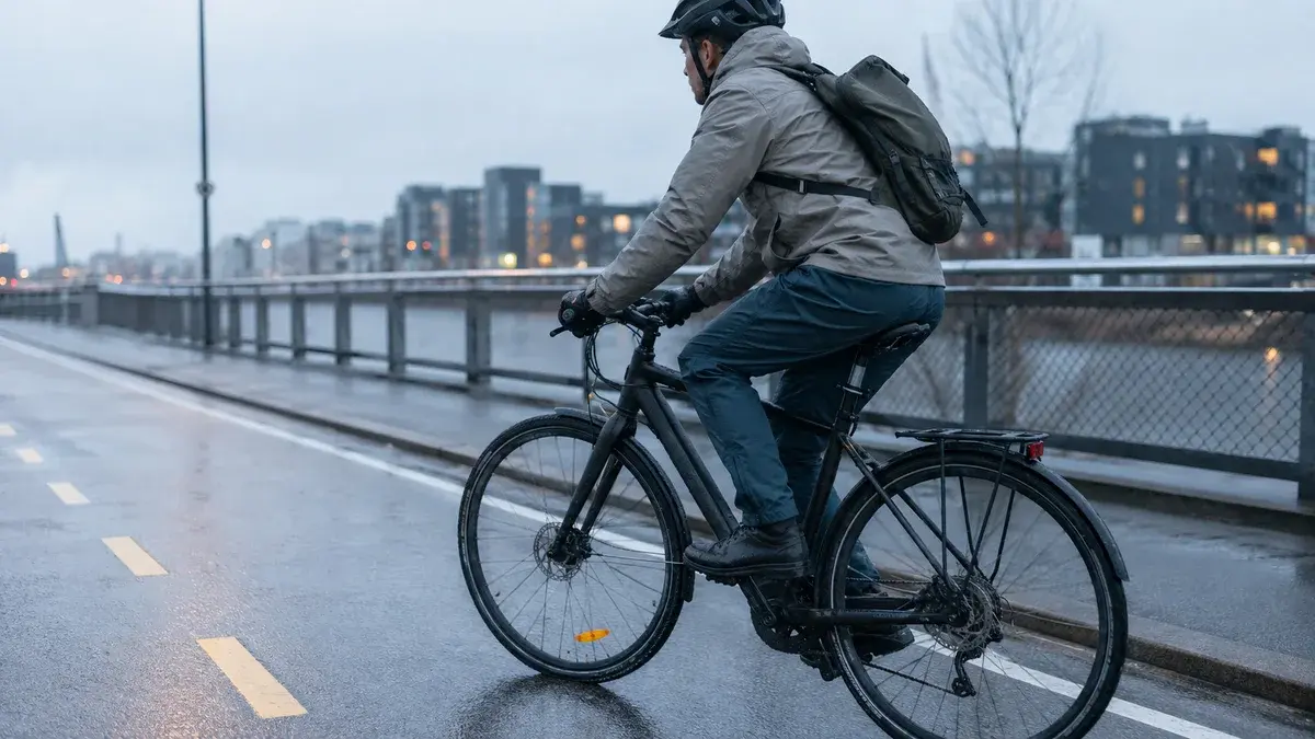 Syklist i blå regnbukse på en våt norsk sykkelvei i morgengry