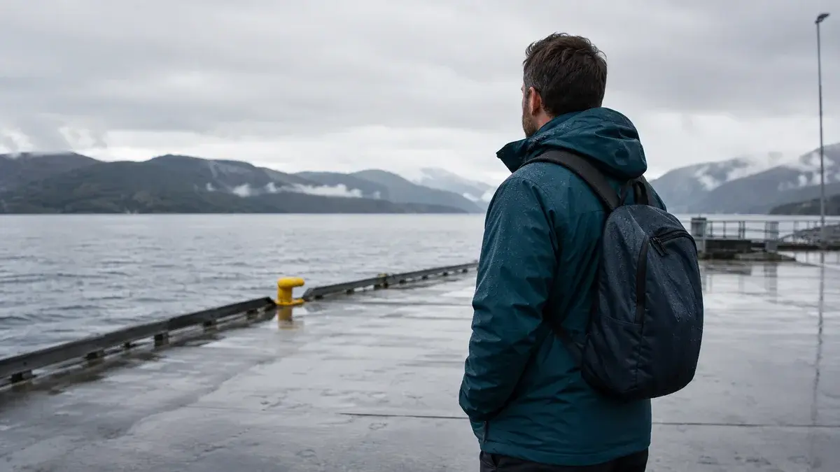Mann i blå regnjakke som venter på en regnvåt fergekai ved fjorden