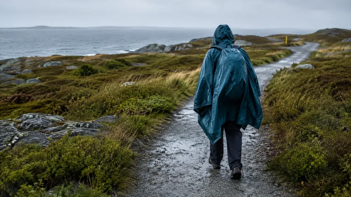 Turgåer i blå regnponcho på en våt kyststi i Norge