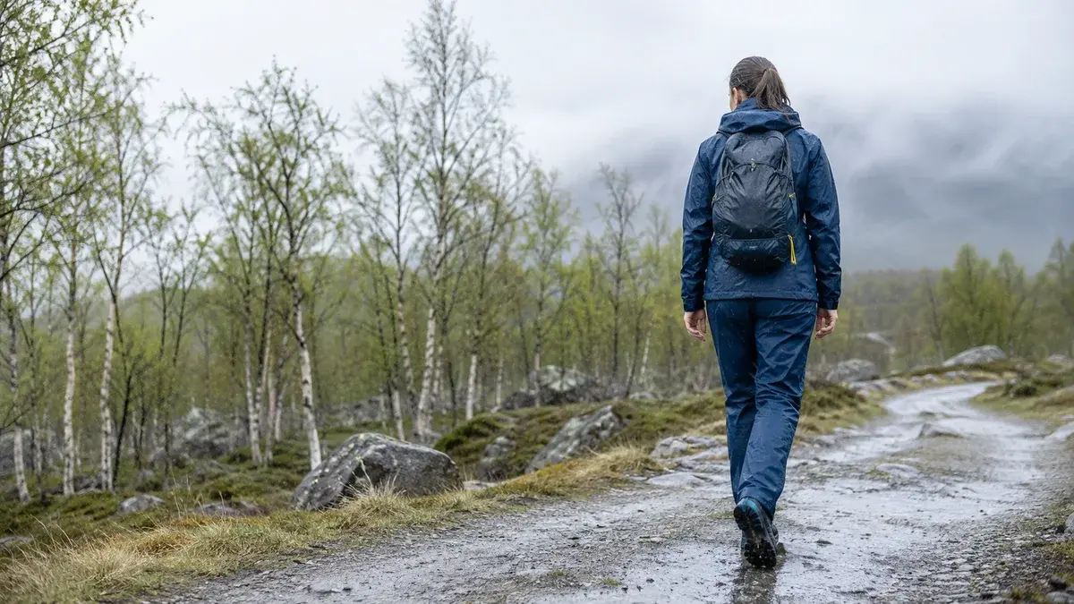 Kvinne i blått regnsett på en våt grussti gjennom bjørkeskog