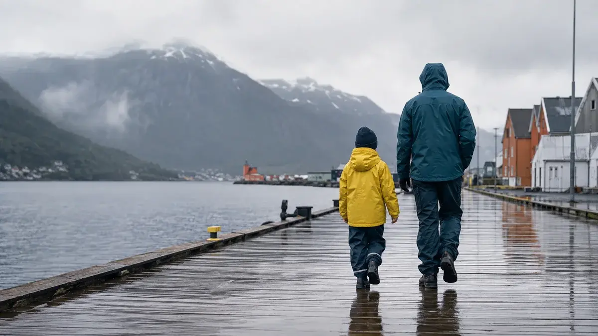 Voksen og barn i regntøy på en våt brygge ved en norsk fjord