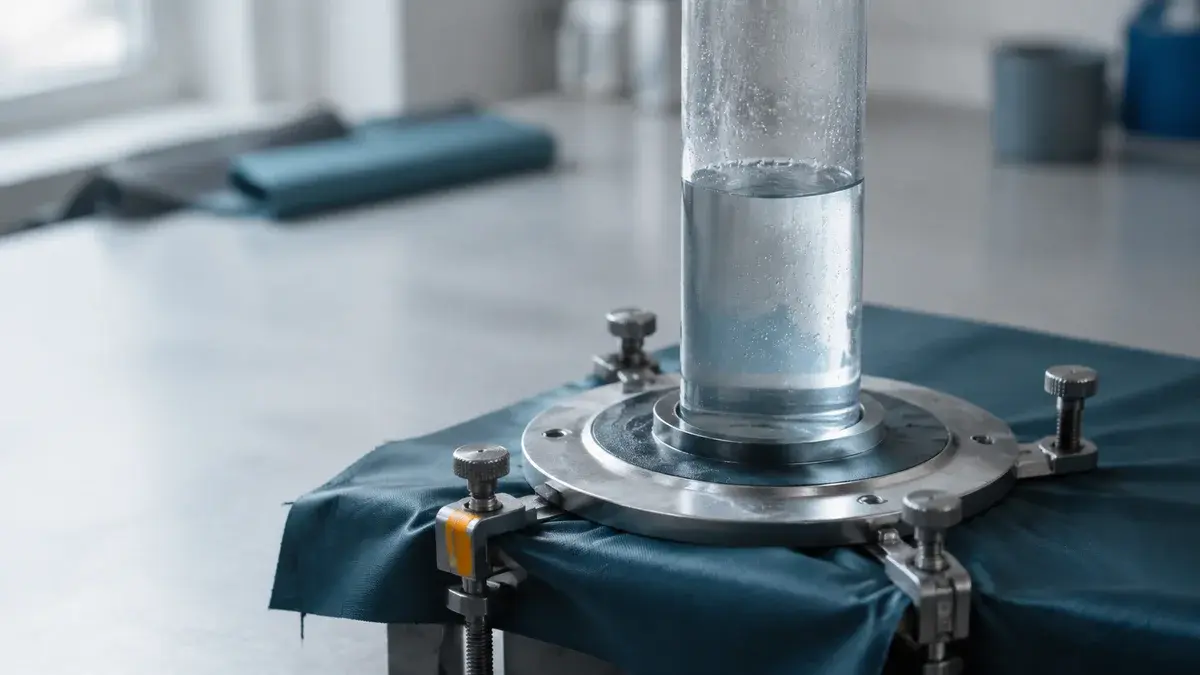 Hydrostatisk testprinsipp med vannsøyle over blått tekstil i en metallramme